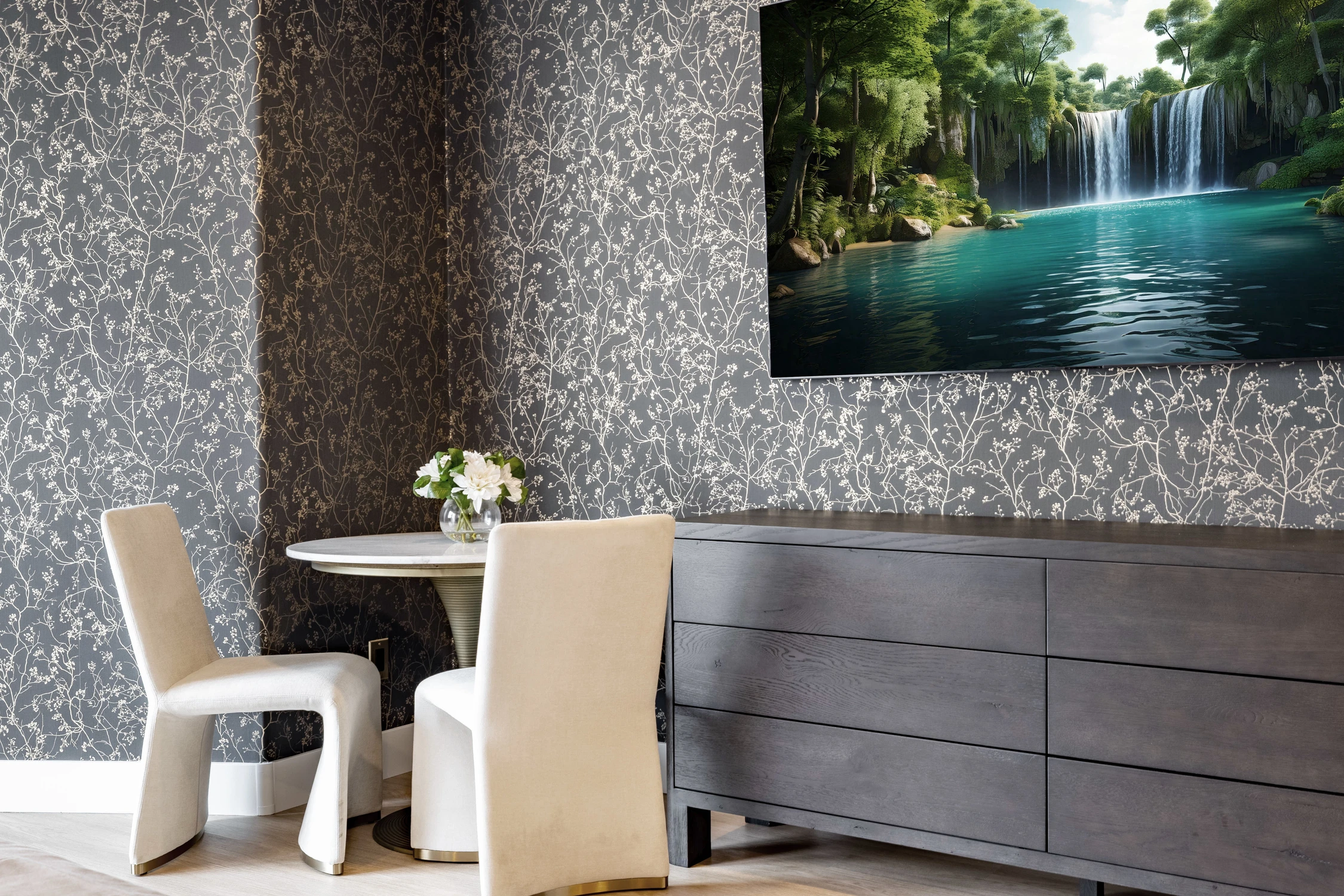 Bedroom side table against dark speckled wallpaper