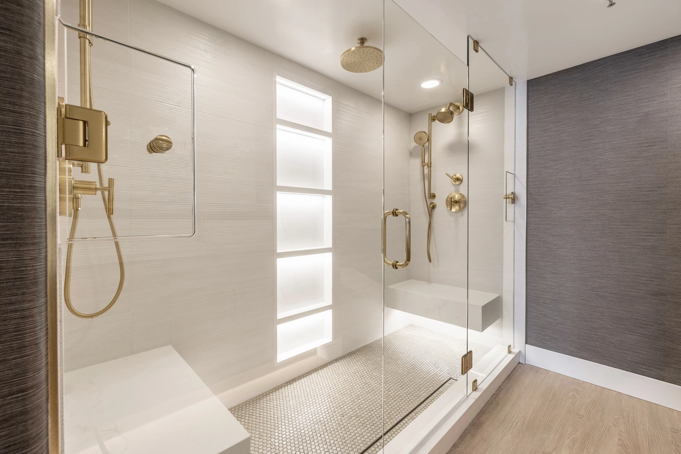 Shower floor with small hexagonal mosaic tile