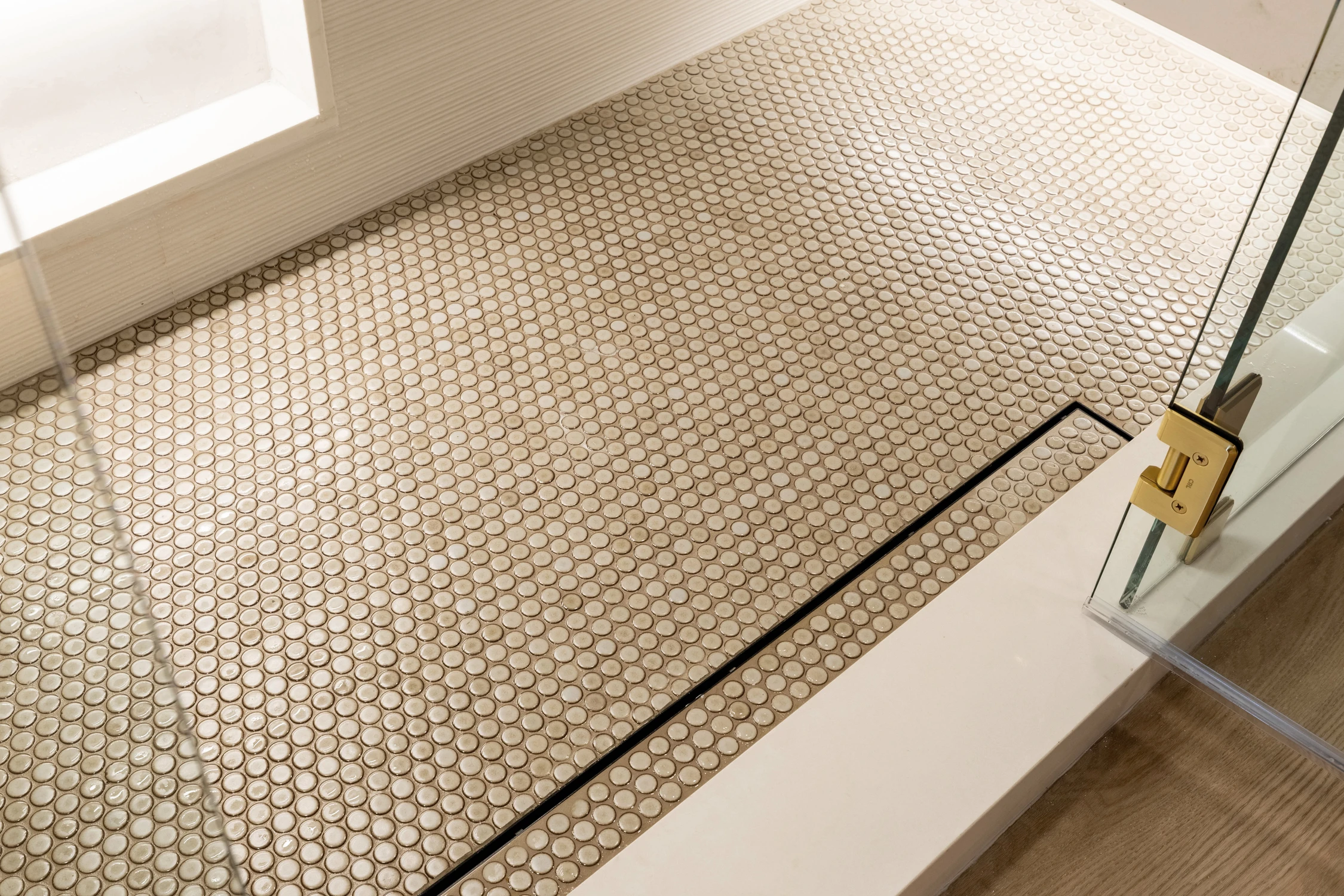 Walk-in shower with gold fixtures and illuminated niches