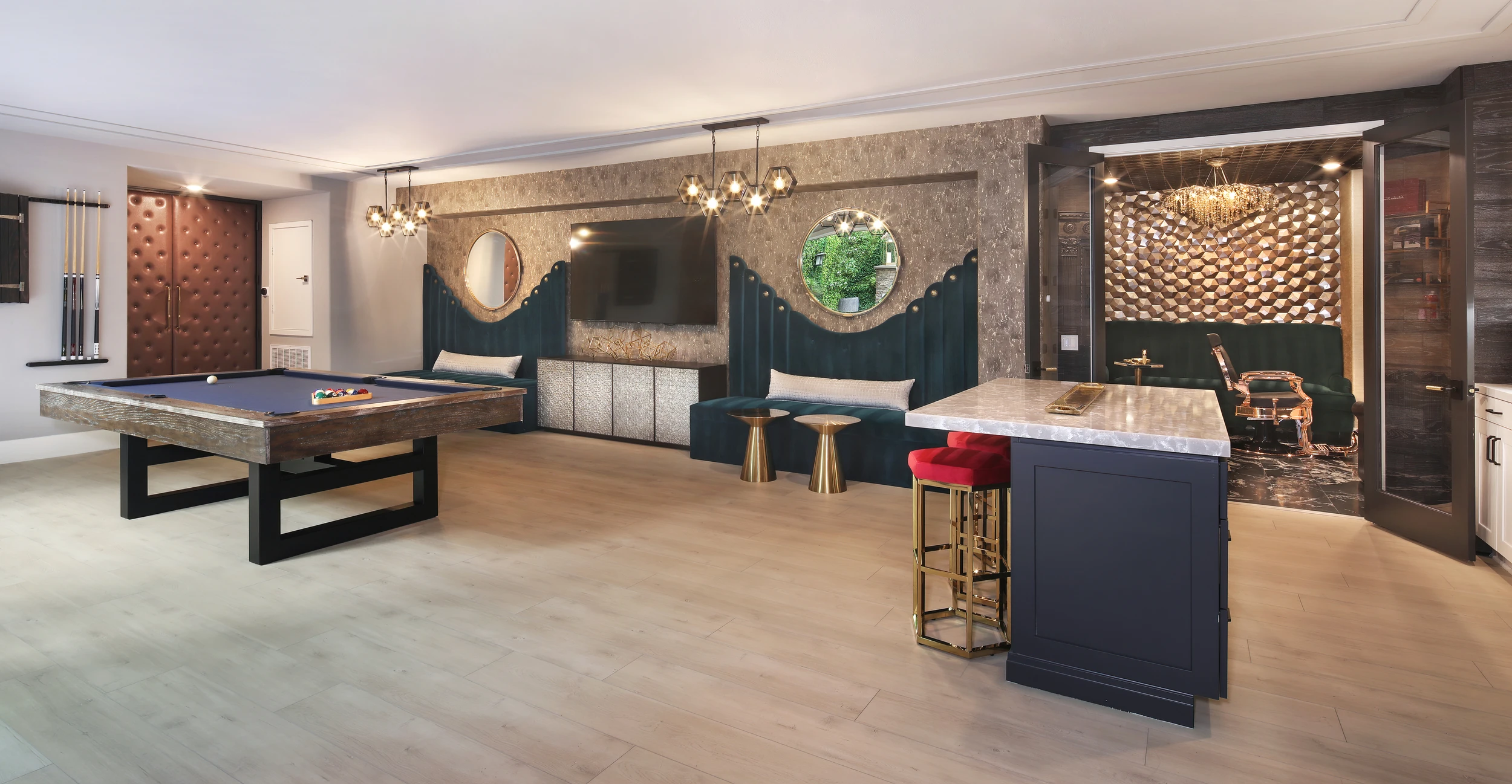 Game room with pool table, bar, and geometric wall panels