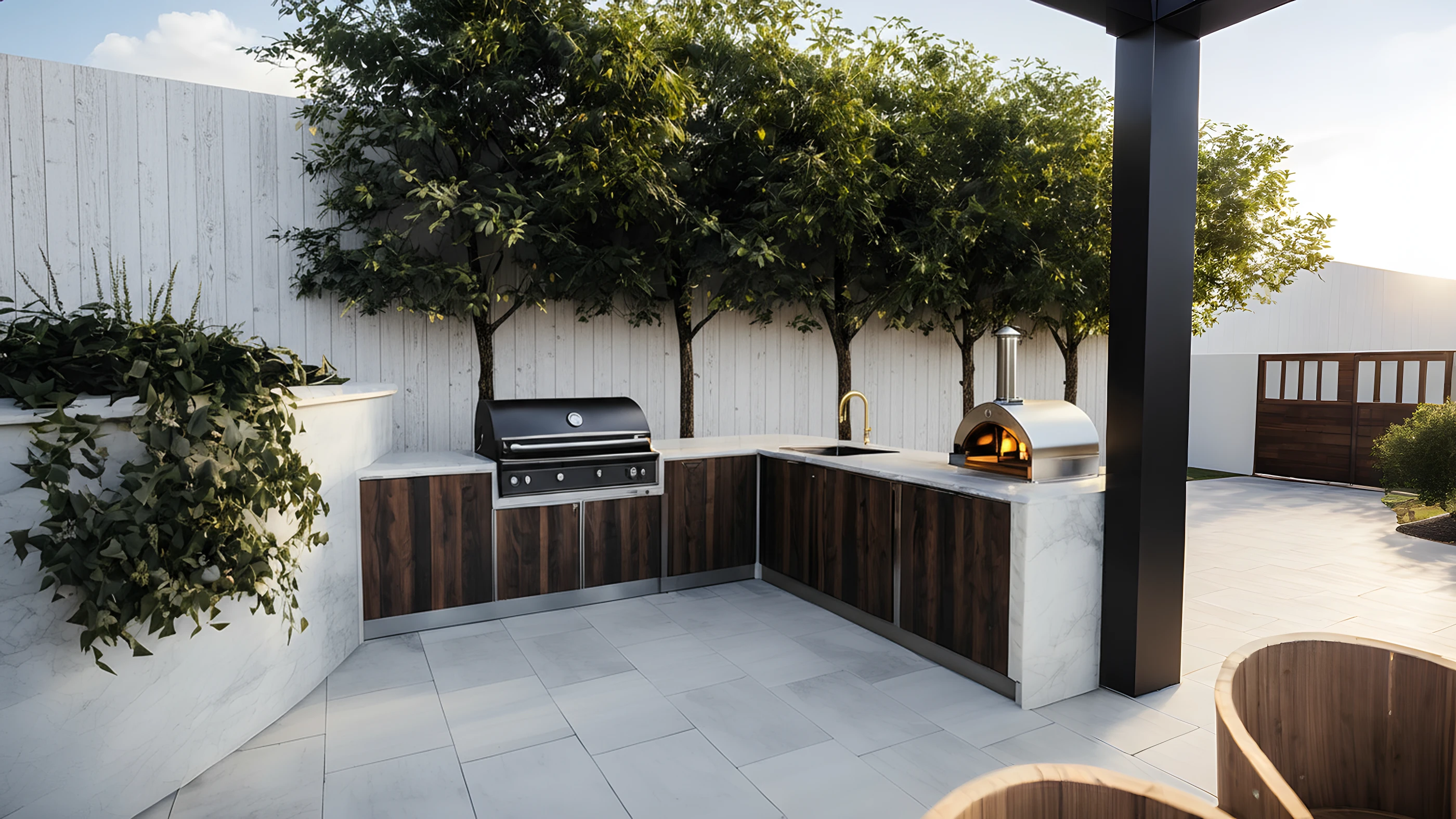 Contemporary outdoor kitchen with dark wood cabinetry