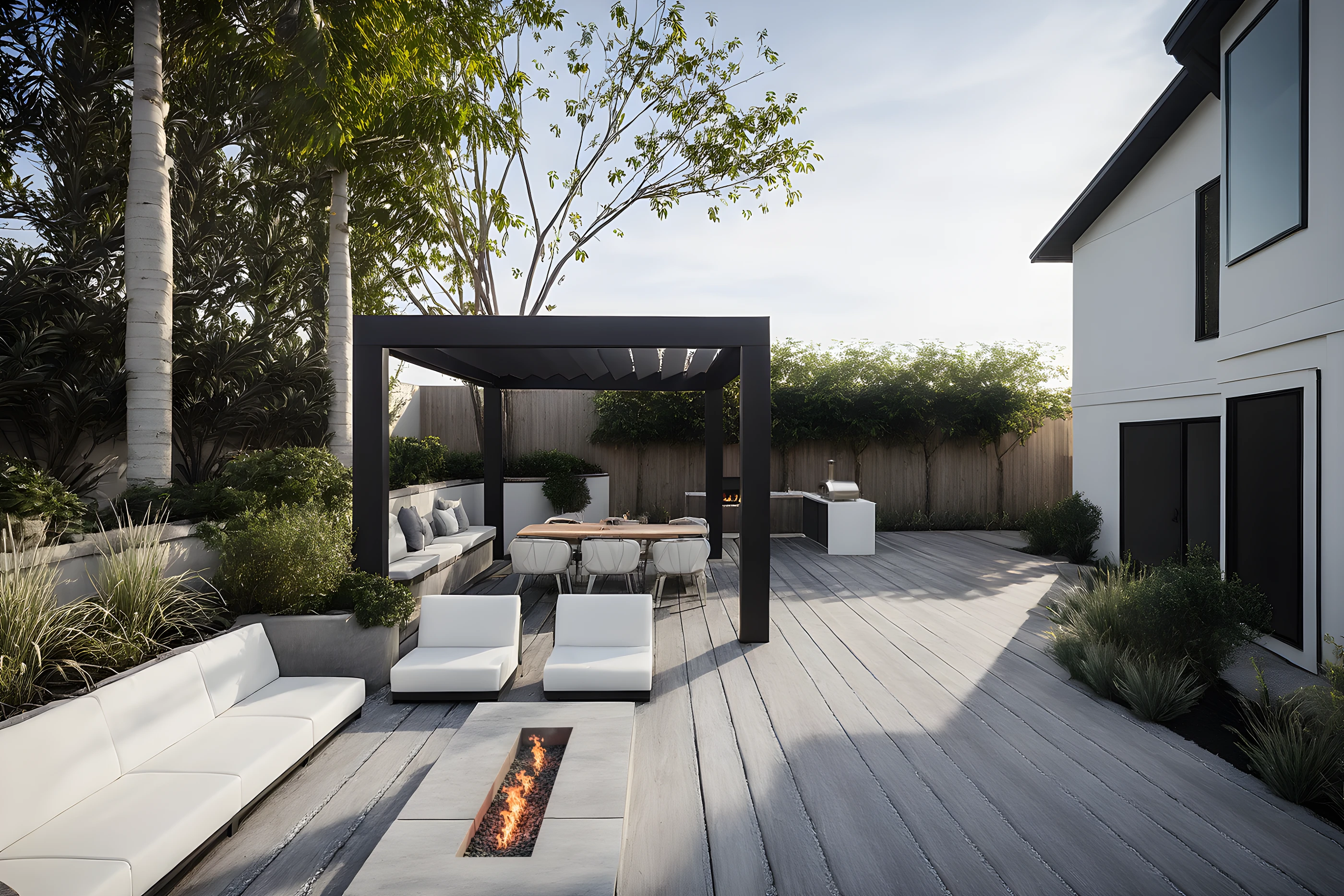 Backyard deck with pergola seating and linear fire feature
