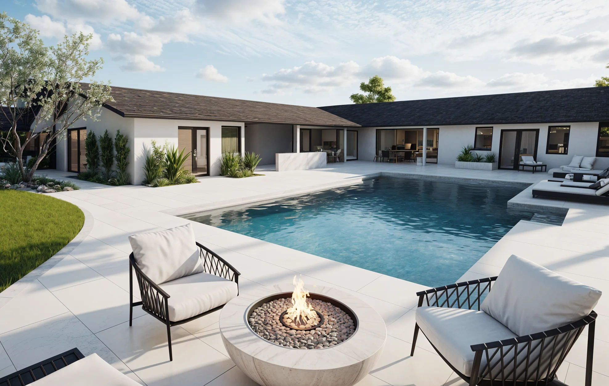Modern backyard with a pool and fire feature