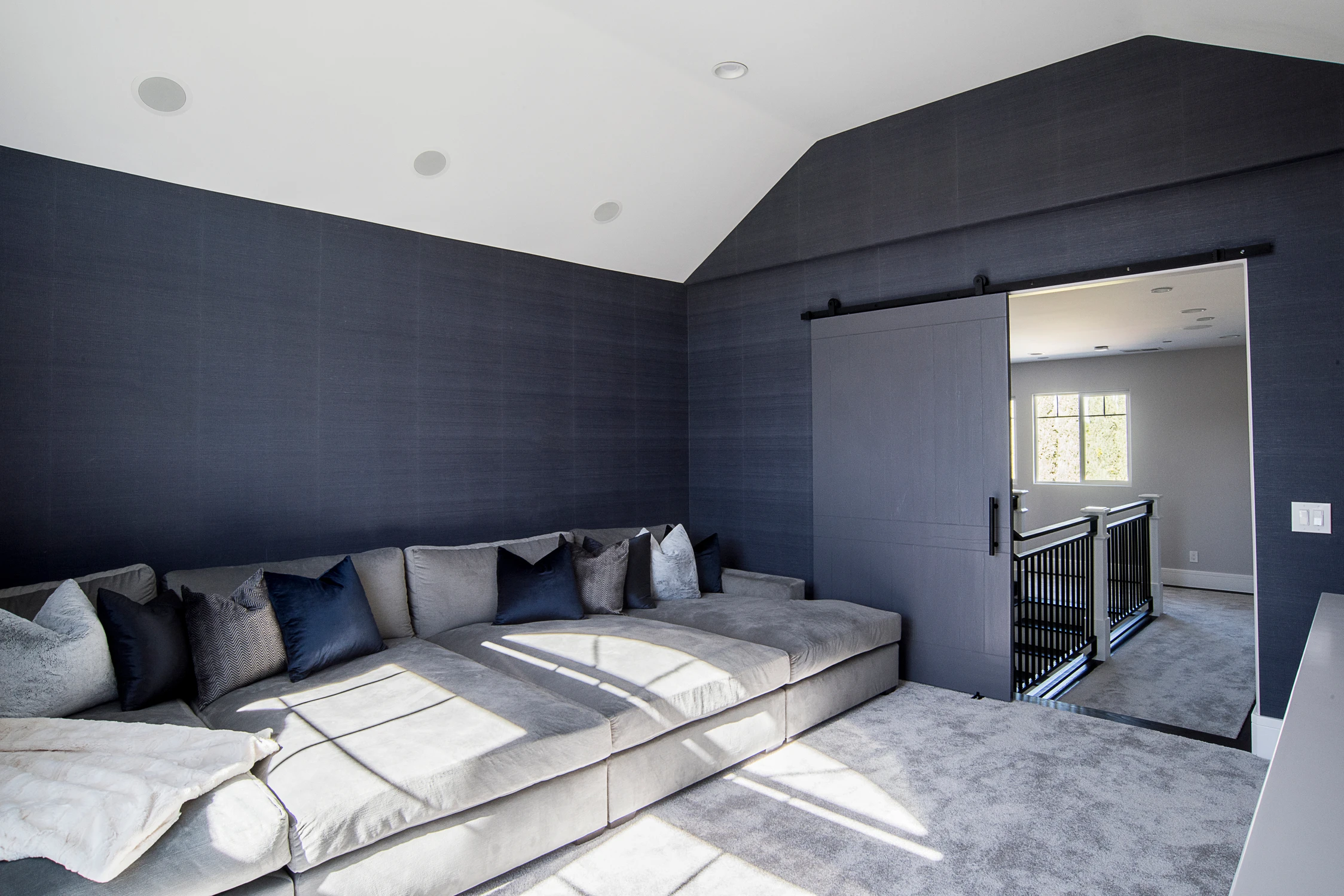 Media room with gray sectional, navy walls, and sliding barn door