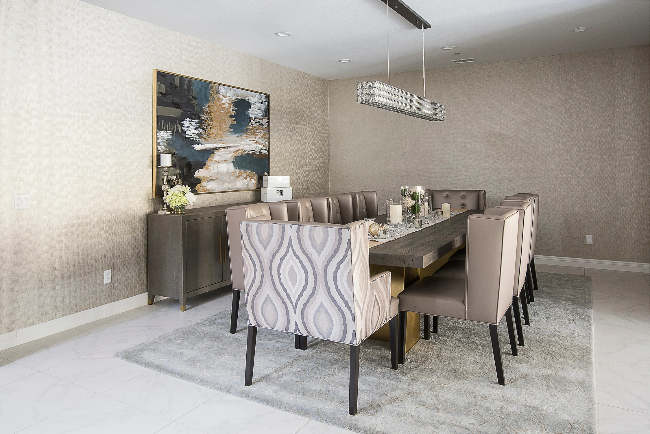Dark built-in bar and dining area seen through wide interior opening