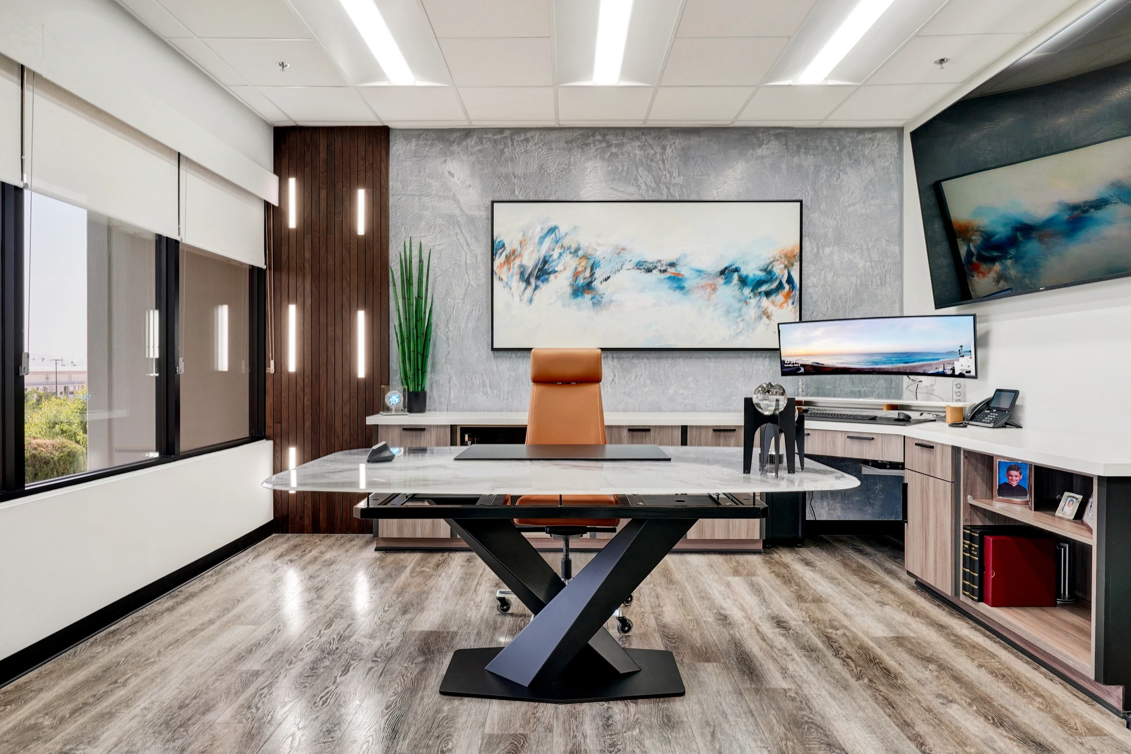 Wood slat accent wall with narrow illuminated vertical panels