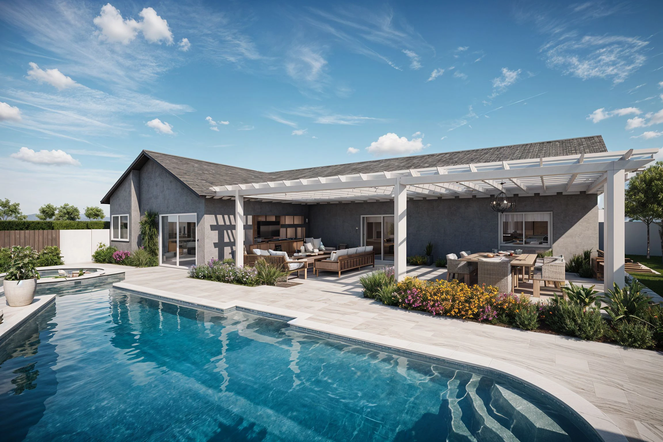 Modern backyard with a pool and hotub.