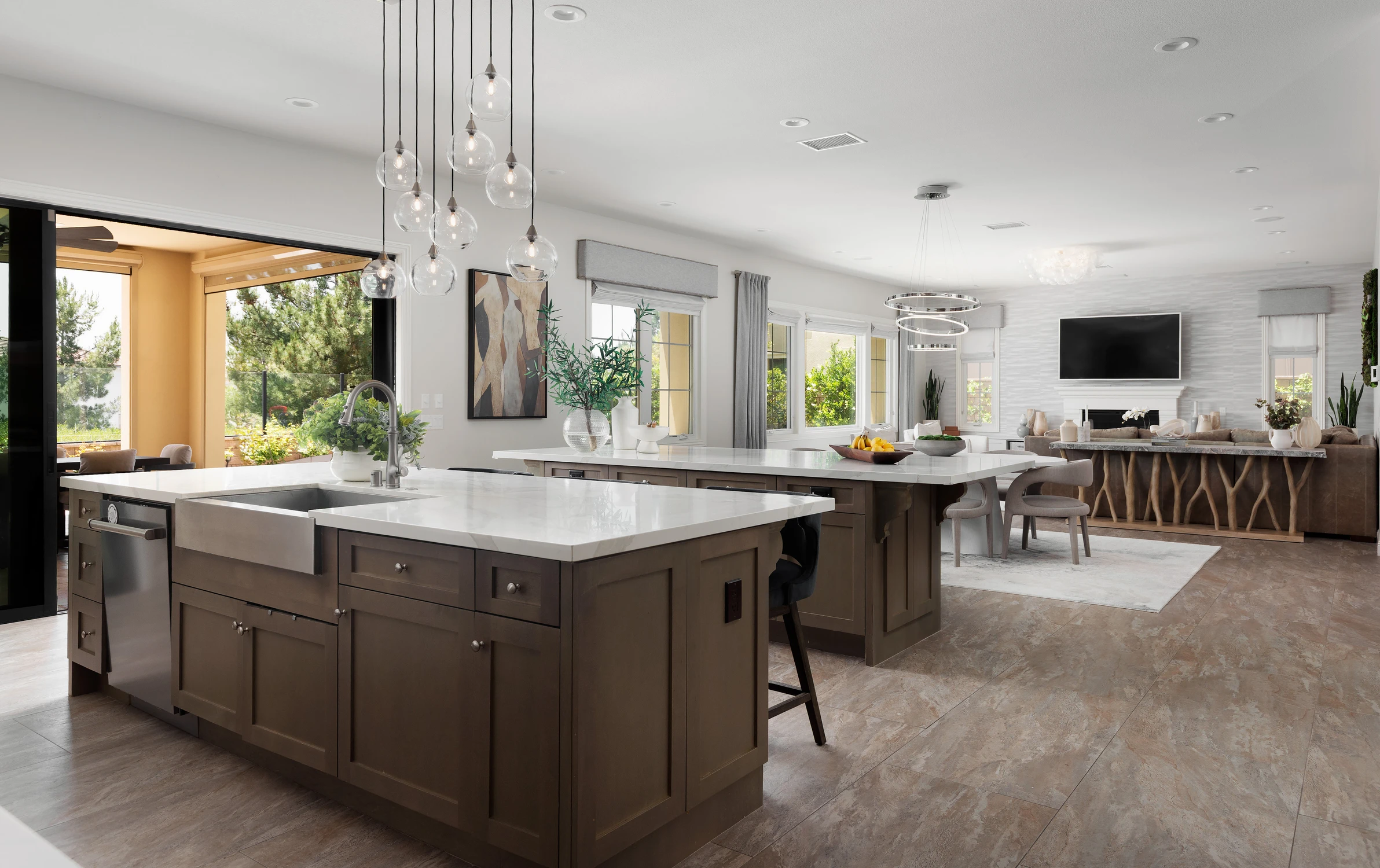 Open kitchen and living room with pendant lights