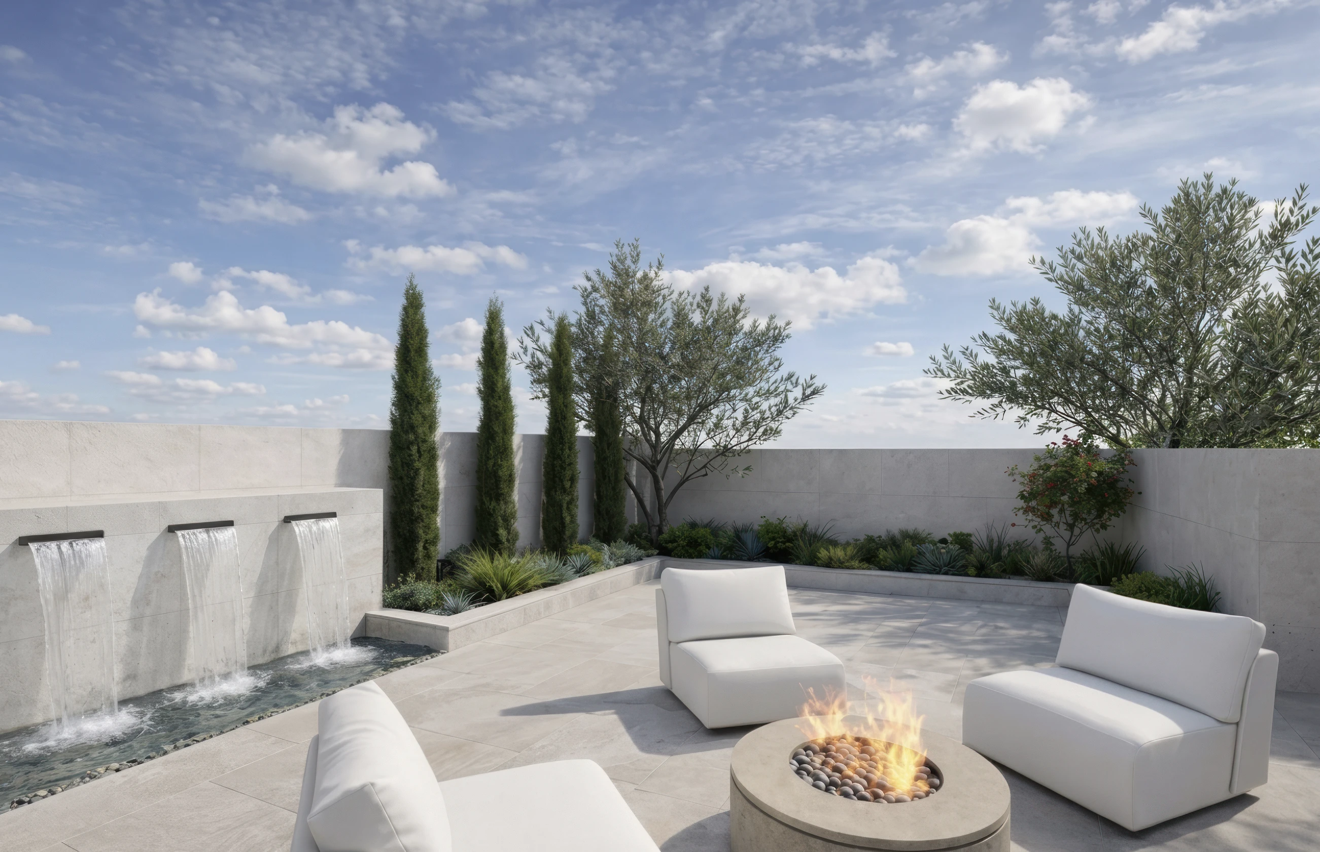 Minimal courtyard with wall waterfalls and a fire feature